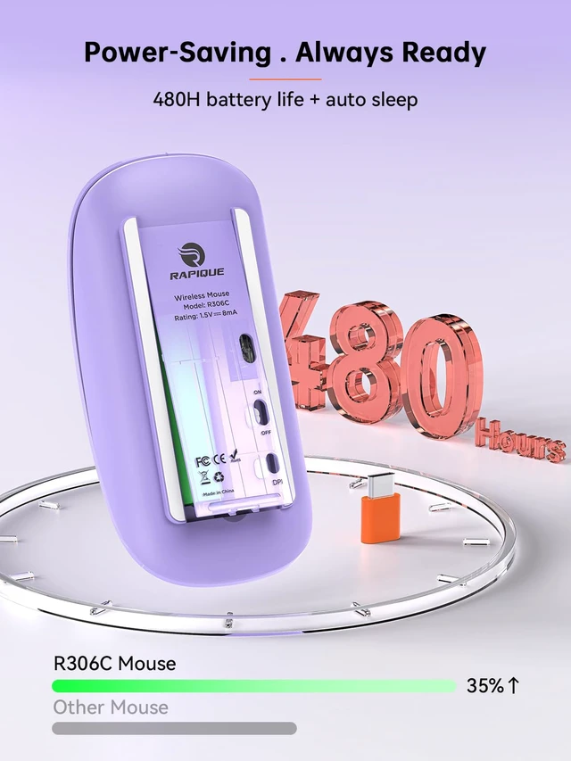 Alt view image 6 of 7 - USB C Wireless Mouse for MacBook, 2.4G Direct USB-C Receiver,Purple | Slim Silent with USB-C Receiver, 800/1200/1600 DPI, AA Battery Powered, Portable Type C Mouse for USB-C Devices, Laptop