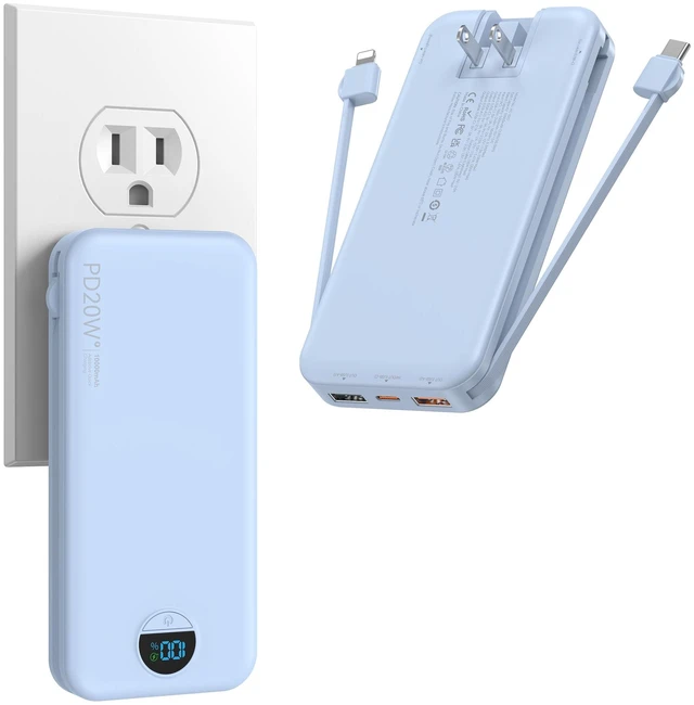 Main image of Portable Charger Power Bank 10000mAh PD20W w/Built-in Cables | Portable Phone Charger,Fast charging,Built in wall plug,LED display,Charge 5 devices at once,Pass through charging