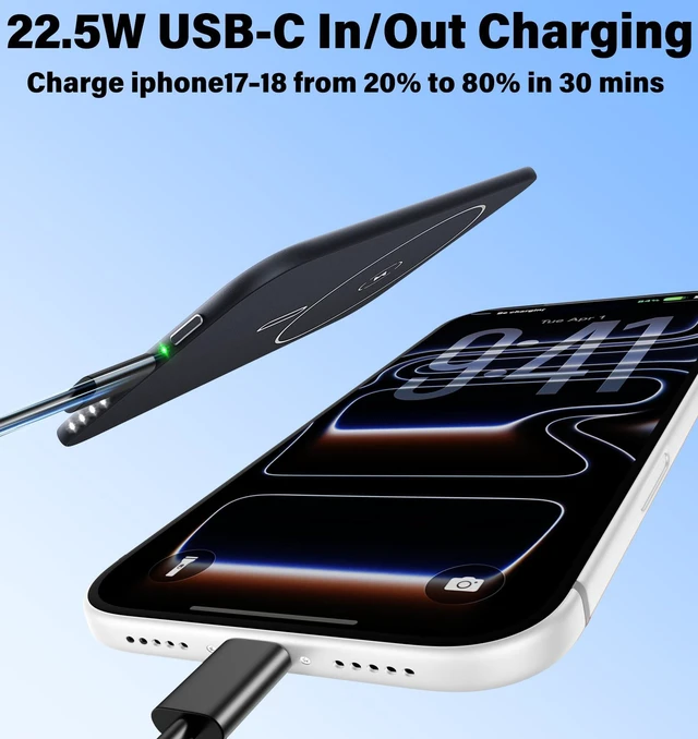 Alt view image 4 of 6 - 0.29in Thin Slim for Magsafe Power Bank 5000mAh Magnetic Portable Charger | 22.5W Fast Charging USB C Powerbank | Wireless Battery Pack for iPhone 18 17 16 15 14 13 Series, Carbon Black