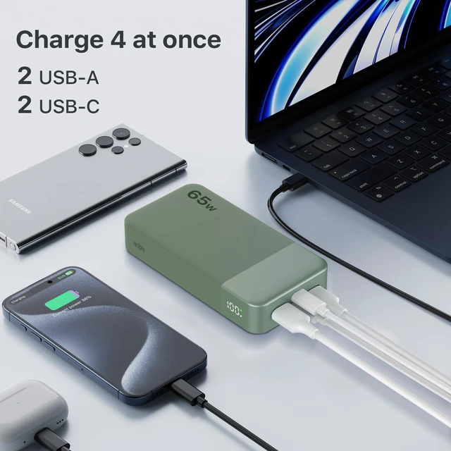 Alt view image 4 of 7 - Portable Charger 20000mAh 65W Power Bank Fast Charging | 2C+2A Battery Bank with Digital Display, Dual USB-C Fast Charging for Laptop, Phone, Tablet, On-the-Go External Battery Pack