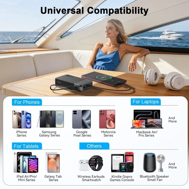 Alt view image 7 of 7 - Portable Charger 20000mAh 65W Power Bank w/Detachable Cable | 2C+2A USB-C Fast Charging Laptop Battery Pack with LED Display, for Notebooks, Tablets, Phones, and Steam Deck