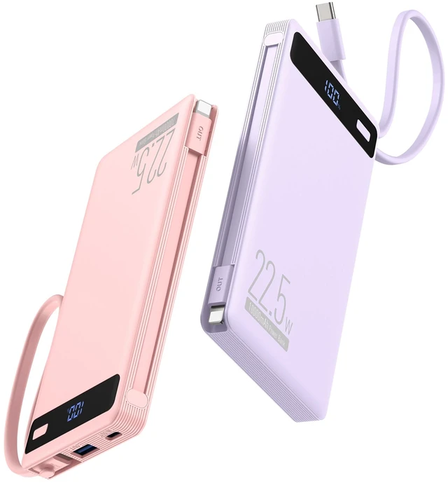 Main image of 2Pack-10000mAh 22.5W Portable Charger Power Bank,Built-in Cables, PK&PUR | 4 Outputs & 2 Inputs | 22.5W Fast charging | LED display | Slim Battery Pack for iPhone, Samsung Galaxy, Android