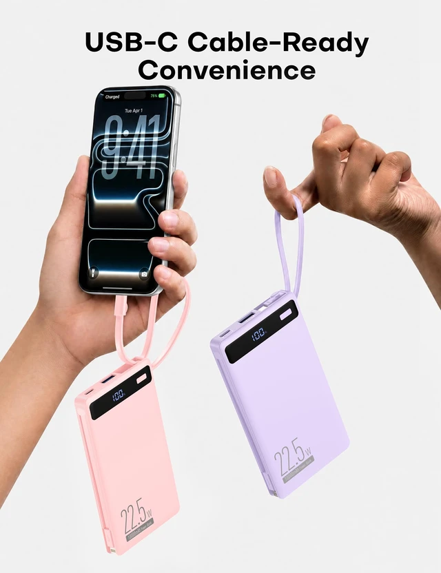 Alt view image 7 of 7 - 2Pack-10000mAh 22.5W Portable Charger Power Bank,Built-in Cables, PK&PUR | 4 Outputs & 2 Inputs | 22.5W Fast charging | LED display | Slim Battery Pack for iPhone, Samsung Galaxy, Android