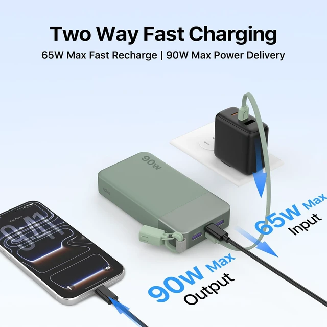 Alt view image 4 of 7 - Portable Charger 20000mAh 90W Power Bank w/Detachable Cable | 2C+2A USB-C Fast Charging Battery Pack with LED Display,Battery Bank for Laptops, Tablets, Phones and Steam Deck