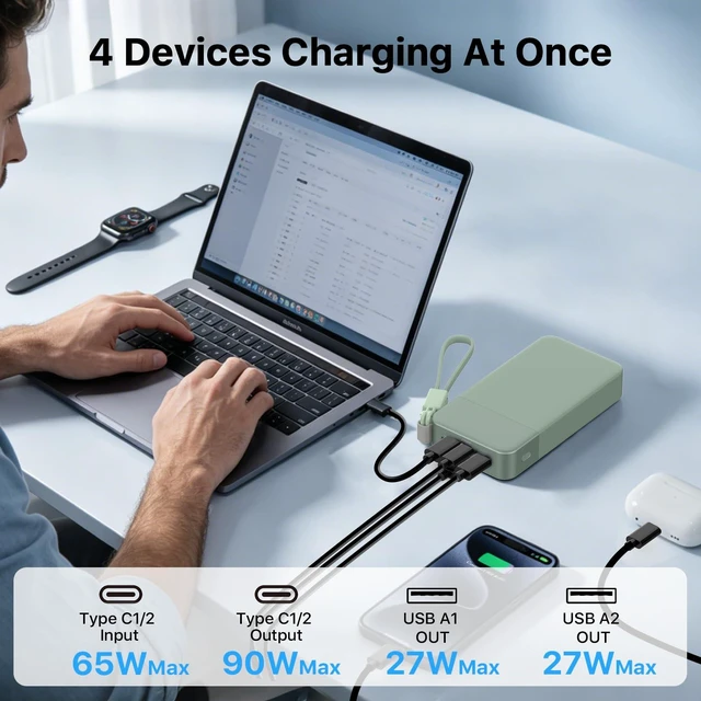 Alt view image 6 of 7 - Portable Charger 20000mAh 90W Power Bank w/Detachable Cable | 2C+2A USB-C Fast Charging Battery Pack with LED Display,Battery Bank for Laptops, Tablets, Phones and Steam Deck