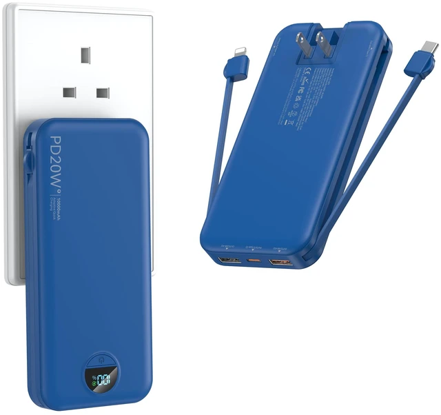 Main image of Portable Charger Power Bank 10000mAh PD20W w/Built-in Cables | Portable Phone Charger,Fast charging,Built in wall plug,LED display,Charge 5 devices at once,Pass through charging