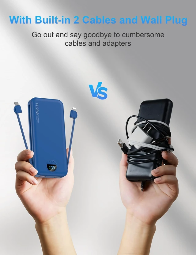 Alt view image 2 of 7 - Portable Charger Power Bank 10000mAh PD20W w/Built-in Cables | Portable Phone Charger,Fast charging,Built in wall plug,LED display,Charge 5 devices at once,Pass through charging