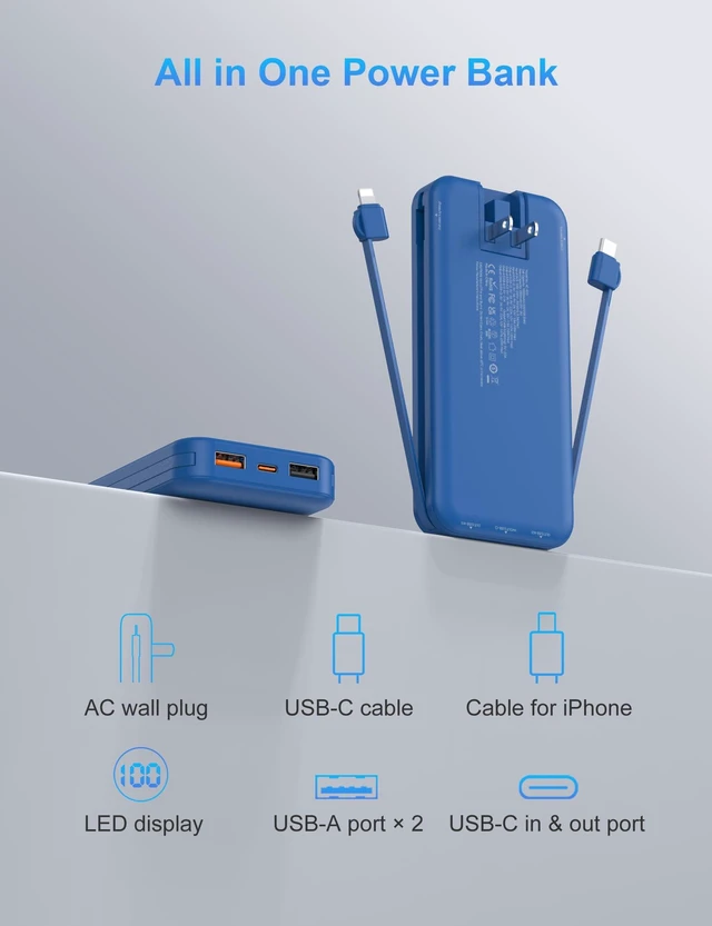 Alt view image 5 of 7 - Portable Charger Power Bank 10000mAh PD20W w/Built-in Cables | Portable Phone Charger,Fast charging,Built in wall plug,LED display,Charge 5 devices at once,Pass through charging