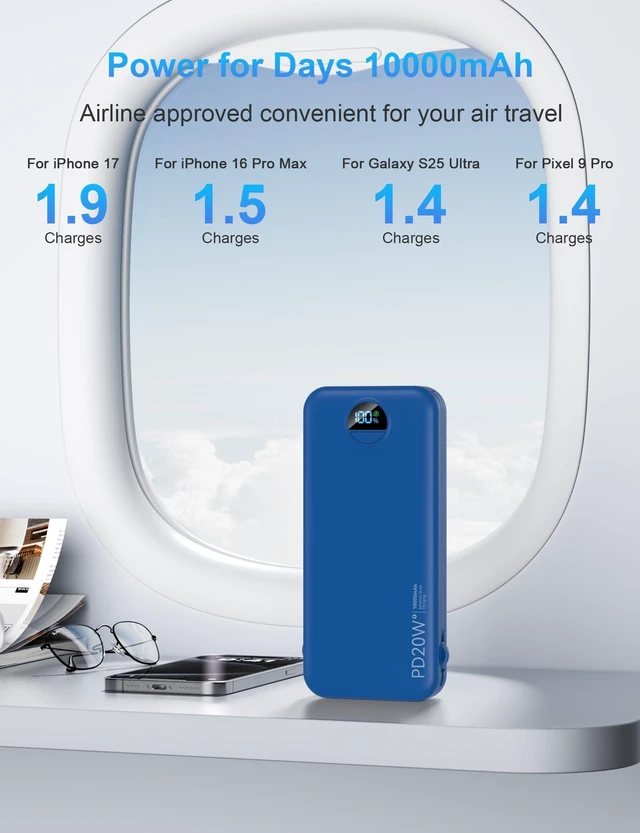 Alt view image 6 of 7 - Portable Charger Power Bank 10000mAh PD20W w/Built-in Cables | Portable Phone Charger,Fast charging,Built in wall plug,LED display,Charge 5 devices at once,Pass through charging
