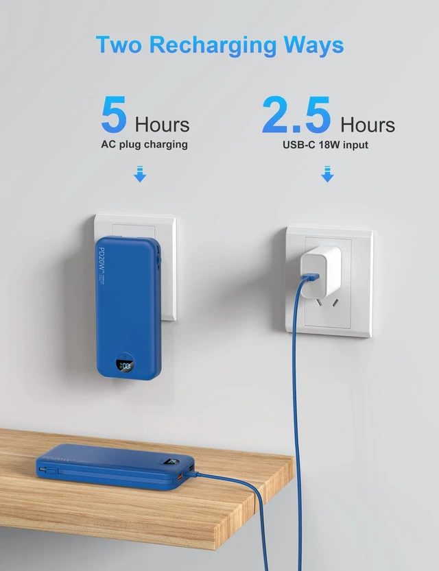 Alt view image 7 of 7 - Portable Charger Power Bank 10000mAh PD20W w/Built-in Cables | Portable Phone Charger,Fast charging,Built in wall plug,LED display,Charge 5 devices at once,Pass through charging