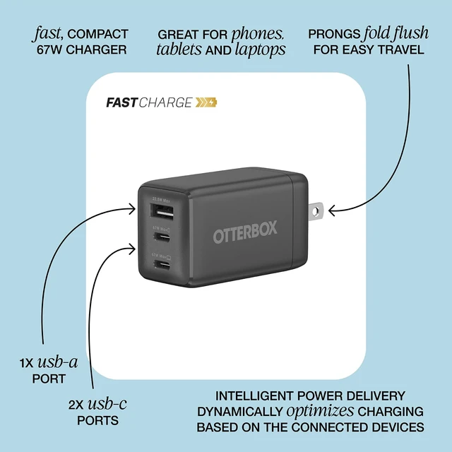 Alt view image 3 of 3 - Fast Charging 67W 3-Port Multi-Device Wall Charger - Black | 67W Fast Charge, Multi-Device Wall Charger, 2X USB-C & 1X USB-A Ports, Compact & Travel-Sized