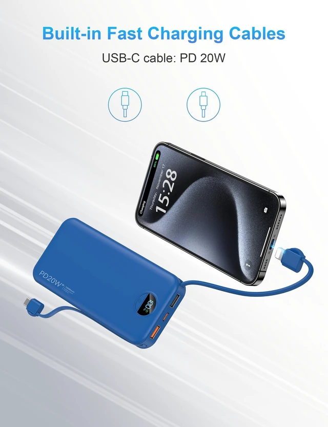 Alt view image 4 of 7 - Portable Charger Power Bank 10000mAh PD20W w/Built-in Cables | Portable Phone Charger,Fast charging,Built in wall plug,LED display,Charge 5 devices at once,Pass through charging