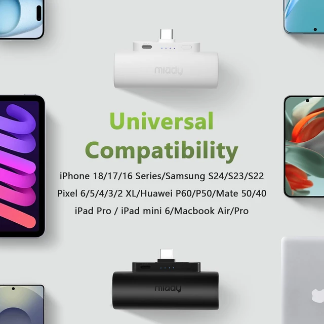 Alt view image 6 of 7 - 2-Pack Mini Portable Charger Built-in USB C Connector Small PowerBank | 5000mAhLightweightfor Backpack TravelCompatible with iPhone 18 17 16 Galaxy AndroidSmallerFlight-Safe18WhBlack+White