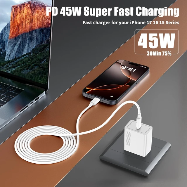 Alt view image 2 of 7 - 45W Fast Charger for iPhone 17 Pro Max, Super Fast USB C (6+6+10) FT Cables | Super Fast Type C Charger Cords with Block for iPhone 18/17/16/15 Series, iPad and Galaxy S26/S25/S24, White