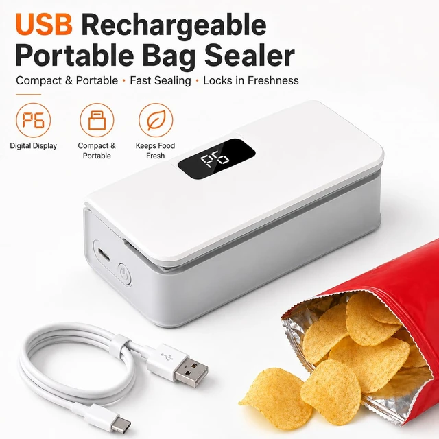 Alt view image 2 of 7 - Mini Bag Sealer, Rechargeable Plastic Bag Sealer with Magnet &Cutter | Upgraded Mini Heat Sealer with LED Display & 8 Heat Levels, Portable Bag Resealer with Cutter for Chips, Mylar & Plastic Bags