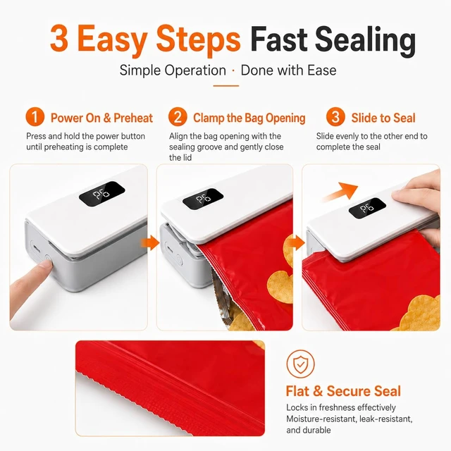 Alt view image 7 of 7 - Mini Bag Sealer, Rechargeable Plastic Bag Sealer with Magnet &Cutter | Upgraded Mini Heat Sealer with LED Display & 8 Heat Levels, Portable Bag Resealer with Cutter for Chips, Mylar & Plastic Bags