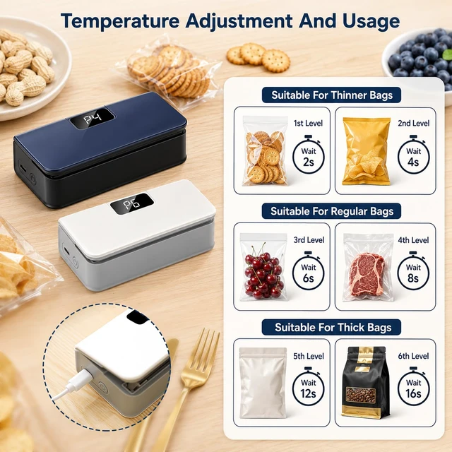 Alt view image 4 of 7 - Mini Bag Sealer with 6 Adjustable Levels for Chip Plastic & Mylar Bagswhite | Rechargeable Mini Bag Sealer,LED Display, with Cutter and Magnet,For Food Storage,Portable Bag Resealer