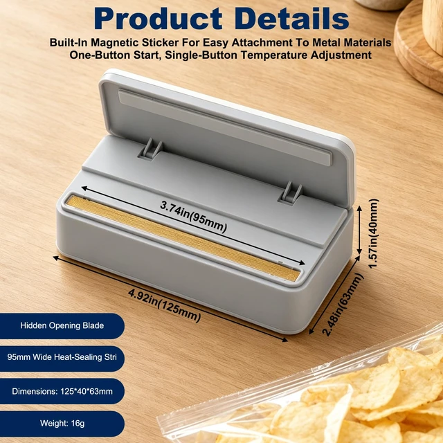 Alt view image 3 of 7 - Mini Bag Sealer with 6 Adjustable Levels for Chip Plastic & Mylar Bagswhite | Rechargeable Mini Bag Sealer,LED Display, with Cutter and Magnet,For Food Storage,Portable Bag Resealer