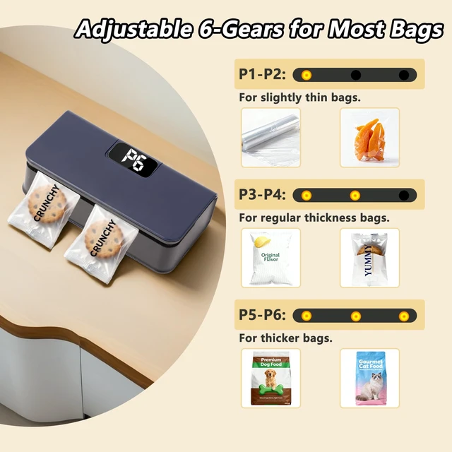 Alt view image 4 of 7 - Mini Bag Sealer,Rechargeable Sealer Machine with LED Power Display,Heat Sealer and Cutter with 6 Adjustable Gears,Portable Bag Resealer for Chips Snacks Mylar Bags (Blue)