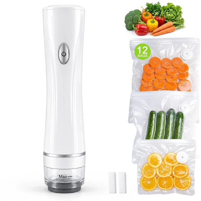 Main image of Handheld Vacuum Sealer for Food with 12 Reusable Bags 3 Sizes Included, Powerful Portable Sealer Machine, Dry/Moist Modes, One-Hand Lock, Meal Saver for Meat, Snacks & Sous Vide.