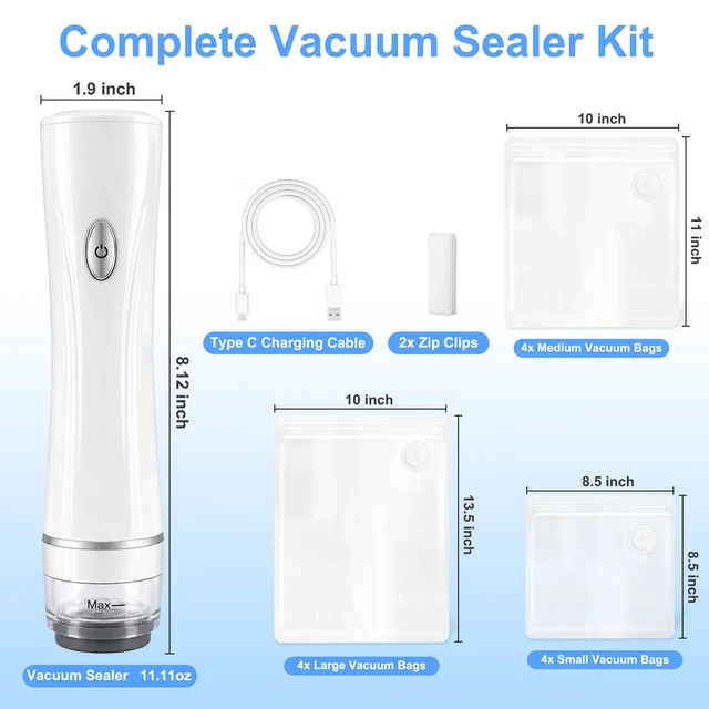 Alt view image 2 of 6 - Handheld Vacuum Sealer for Food with 12 Reusable Bags 3 Sizes Included, Powerful Portable Sealer Machine, Dry/Moist Modes, One-Hand Lock, Meal Saver for Meat, Snacks & Sous Vide.