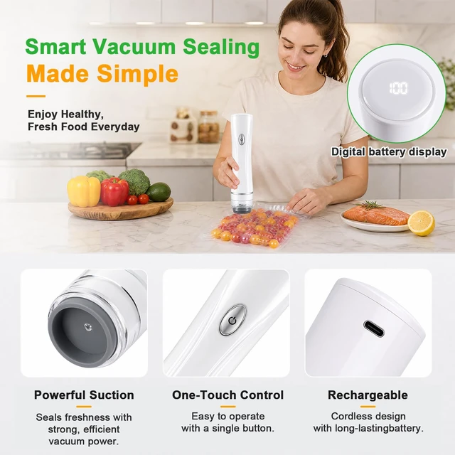 Alt view image 3 of 7 - Vacuum Sealer for Food 30 Reusable Bags & 20ml Tank | Food Vacuum Sealer, 1800mAh Battery, Digital Display, And USB-Rechargeable Wireless Design, Extends Food Freshness By 6 Times