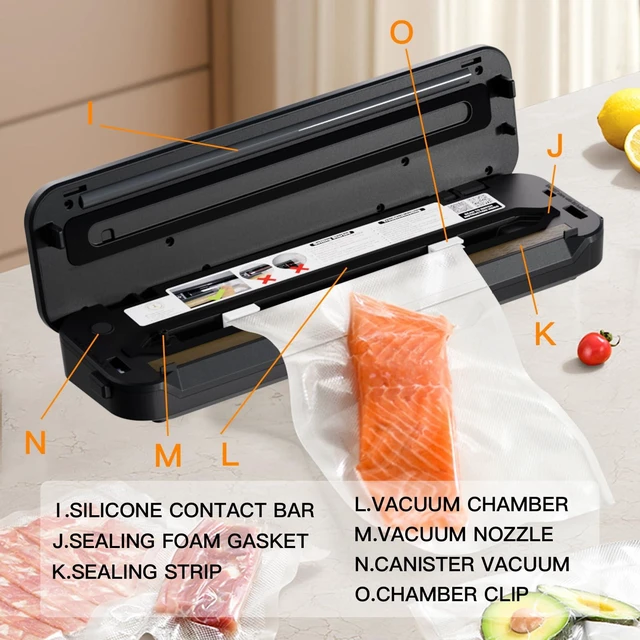 Alt view image 4 of 7 - Vacuum Sealer Machine, 80kPa, Built-In Cutter, Dry/Moist | 80kPa suction, 1020 second sealing, built-in cutter, dry and moist modes, 12-inch seal, external vacuum port, 10 bags