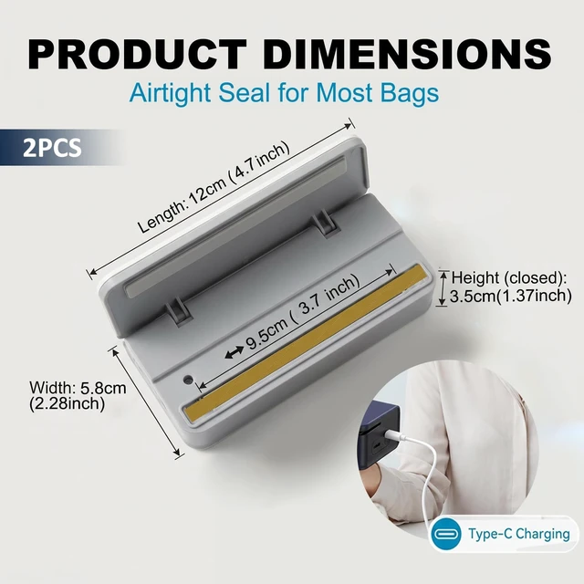 Alt view image 2 of 7 - 2 Pack Mini Bag Sealer, Magnetic Bag Sealer for Fridge, 6-Speed Adjustment and Led Display, No Preheating Required with Cutter, Ideal for Keeping All Kinds of Snacks Fresh