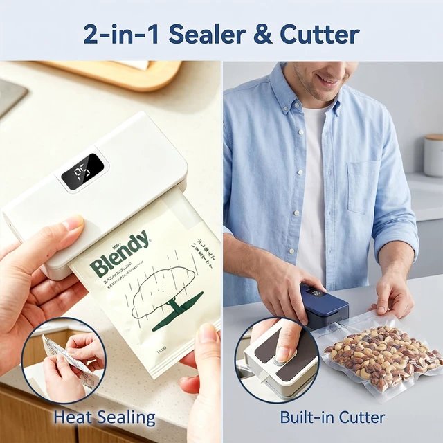 Alt view image 3 of 7 - 2 Pack Mini Bag Sealer, Magnetic Bag Sealer for Fridge, 6-Speed Adjustment and Led Display, No Preheating Required with Cutter, Ideal for Keeping All Kinds of Snacks Fresh