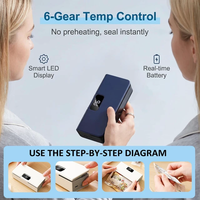 Alt view image 5 of 7 - 2 Pack Mini Bag Sealer, Magnetic Bag Sealer for Fridge, 6-Speed Adjustment and Led Display, No Preheating Required with Cutter, Ideal for Keeping All Kinds of Snacks Fresh