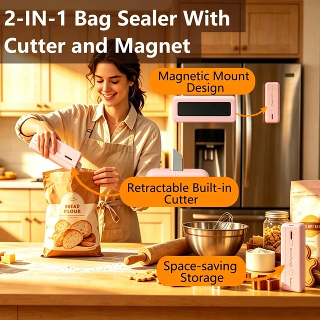 Alt view image 3 of 7 - Mini Bag Sealer, 2 in 1 Heat Bag Sealer with Cutter and Magnet for Kitchen Fridge, 1300mAh Rechargeable Heat Bag Resealer for Fresh Chips Snacks Mylar Plastic Bags Food Packaging Home Bakers Gift