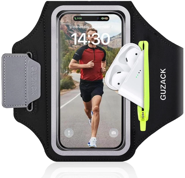 Main image of Running Armband with Earphone Pouch & Card Slot, Up to 6.8" Phones | Green Zipper Pockets, Anti-Drop Buckle, Running Phone Holder for iPhone 17 Pro Max Galaxy S26 Ultra, Gym Workouts Jogging