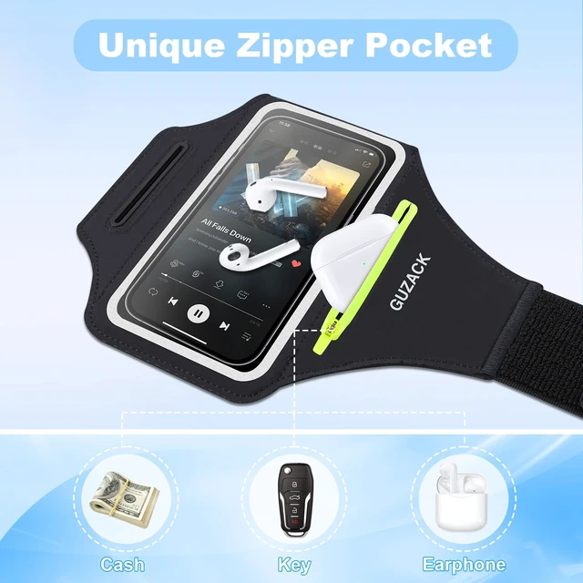 Alt view image 2 of 7 - Running Armband with Earphone Pouch & Card Slot, Up to 6.8" Phones | Green Zipper Pockets, Anti-Drop Buckle, Running Phone Holder for iPhone 17 Pro Max Galaxy S26 Ultra, Gym Workouts Jogging
