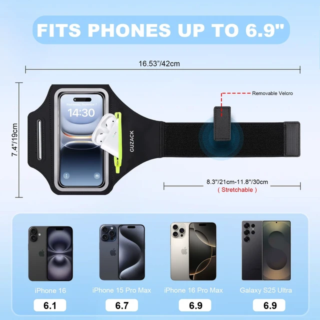 Alt view image 3 of 7 - Running Armband with Earphone Pouch & Card Slot, Up to 6.8" Phones | Green Zipper Pockets, Anti-Drop Buckle, Running Phone Holder for iPhone 17 Pro Max Galaxy S26 Ultra, Gym Workouts Jogging