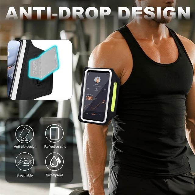 Alt view image 7 of 7 - Running Armband with Earphone Pouch & Card Slot, Up to 6.8" Phones | Green Zipper Pockets, Anti-Drop Buckle, Running Phone Holder for iPhone 17 Pro Max Galaxy S26 Ultra, Gym Workouts Jogging