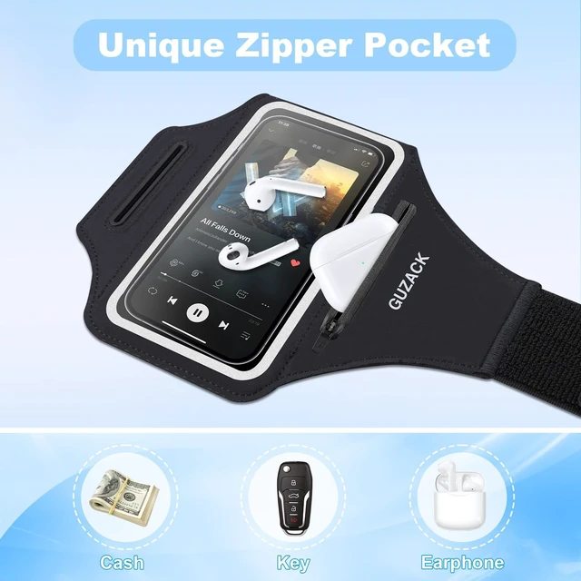 Alt view image 2 of 7 - Running Armband with Earphone Pouch & Card Slot, Up to 6.8" Phones | Black Zipper Pockets, Anti-Drop Buckle, Running Phone Holder for iPhone 17 Pro Max Galaxy S26 Ultra, Gym Workouts Jogging