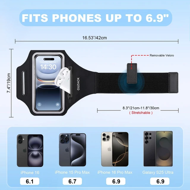 Alt view image 4 of 7 - Running Armband with Earphone Pouch & Card Slot, Up to 6.8" Phones | Black Zipper Pockets, Anti-Drop Buckle, Running Phone Holder for iPhone 17 Pro Max Galaxy S26 Ultra, Gym Workouts Jogging
