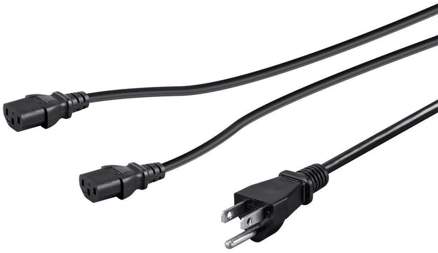 Main image of Power Cord Splitter - NEMA 5-15P to 2X IEC 60320 C13, 10 Amp, 1250 Watt, 18AWG, 3 Feet, Black
