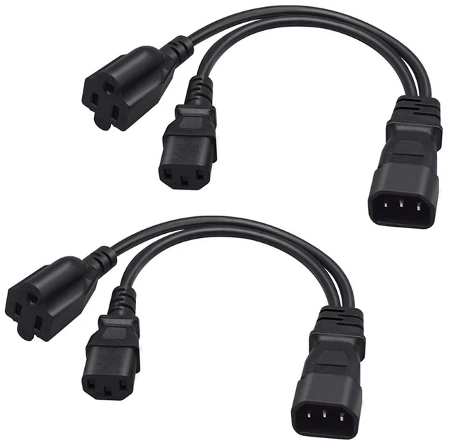 Main image of 2 Pack 1FT/0.32M IEC320 C14 to C13+NEMA5-15R Y Splitter Power Cord | English Highlights: PVC jacket, copper conductor, 1-to-2 power supply for PC, server, monitor & North American devices