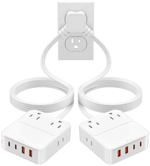 Main image of Split Extension Cord 12FT(6FT Per Side) - Single 4 AC & 4 USB Ports | 16-in-1 Twin Flat Plug Power Strip for Bedroom, Dual Flat Outlet Extender - Bedside Charging Station for Travel, Dorm, Office