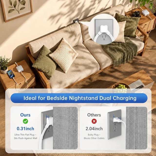 Alt view image 4 of 7 - Split Extension Cord 12FT(6FT Per Side) - Single 4 AC & 4 USB Ports | 16-in-1 Twin Flat Plug Power Strip for Bedroom, Dual Flat Outlet Extender - Bedside Charging Station for Travel, Dorm, Office