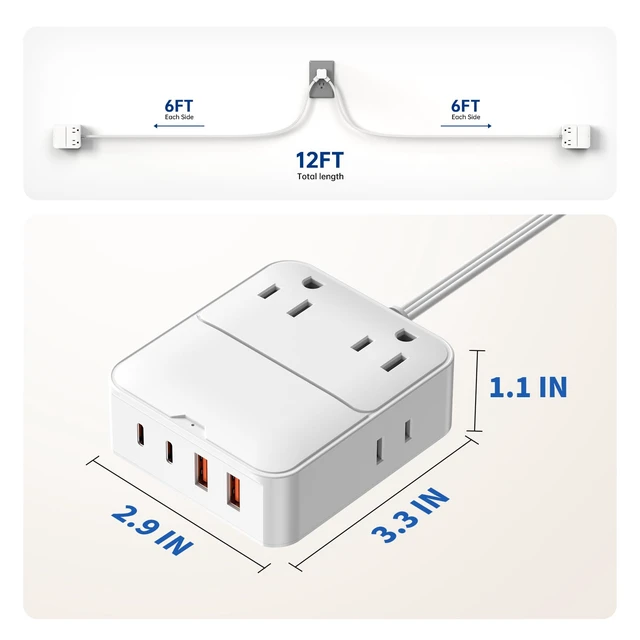 Alt view image 6 of 7 - Split Extension Cord 12FT(6FT Per Side) - Single 4 AC & 4 USB Ports | 16-in-1 Twin Flat Plug Power Strip for Bedroom, Dual Flat Outlet Extender - Bedside Charging Station for Travel, Dorm, Office