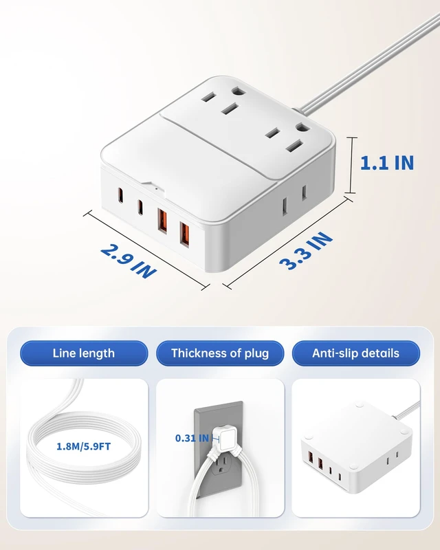 Alt view image 5 of 7 - 12FT Split Extension Cord 6FT Per Side, Flat Plug Twin Power Strip | 16-in-1 Bedside Charging Station with 4 AC Outlets, 2 USB-C & 2 USB-A Ports Per Side for Bedroom, Dorm, Office and Travel