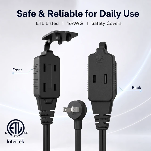 Alt view image 2 of 5 - Flat Extension Cord 2 Feet, Polarized 2 Prong Power Strip with 3 Outlets | 180 Degree Compact Plug, Tamper Guard, 13A, 125V, 1625W, 16 Gauge Cable, SPT-2, NEMA 1-15P to 3xNEMA 1-15R, ETL Listed, Black