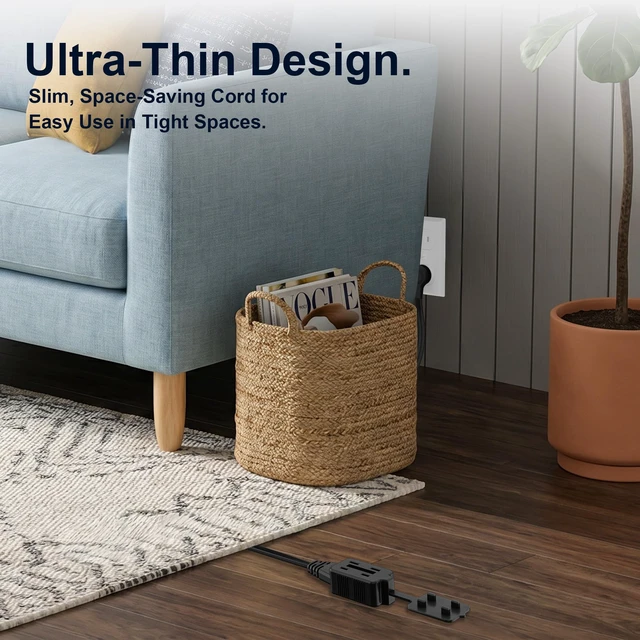 Alt view image 3 of 5 - Flat Extension Cord 2 Feet, Polarized 2 Prong Power Strip with 3 Outlets | 180 Degree Compact Plug, Tamper Guard, 13A, 125V, 1625W, 16 Gauge Cable, SPT-2, NEMA 1-15P to 3xNEMA 1-15R, ETL Listed, Black