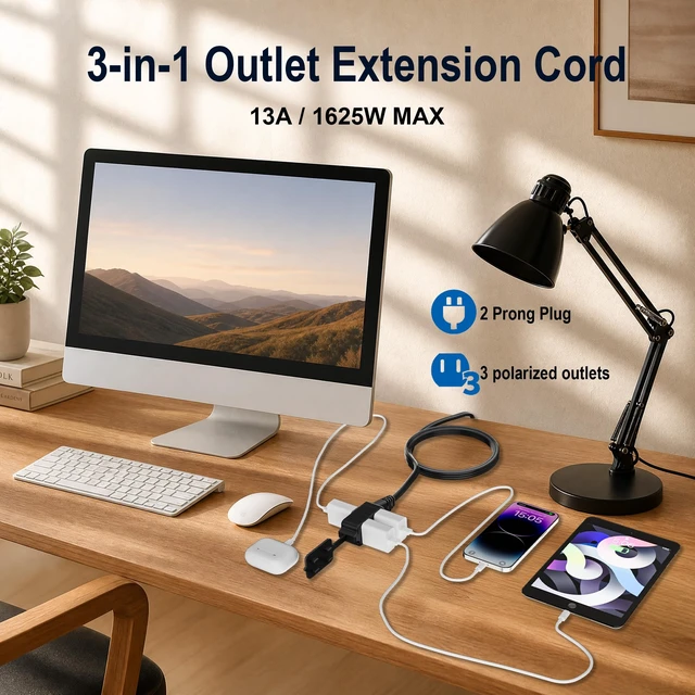 Alt view image 5 of 5 - Flat Extension Cord 2 Feet, Polarized 2 Prong Power Strip with 3 Outlets | 180 Degree Compact Plug, Tamper Guard, 13A, 125V, 1625W, 16 Gauge Cable, SPT-2, NEMA 1-15P to 3xNEMA 1-15R, ETL Listed, Black