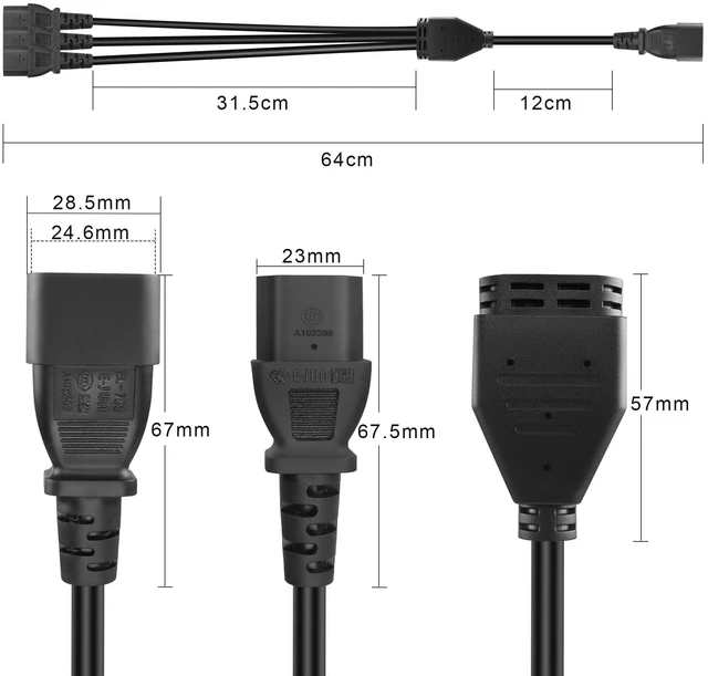 Alt view image 7 of 7 - 60cm UPS Server IEC 320 C14 to 3X IEC 320 C13 Y Splitter Extension Power Cord (1 to 3)