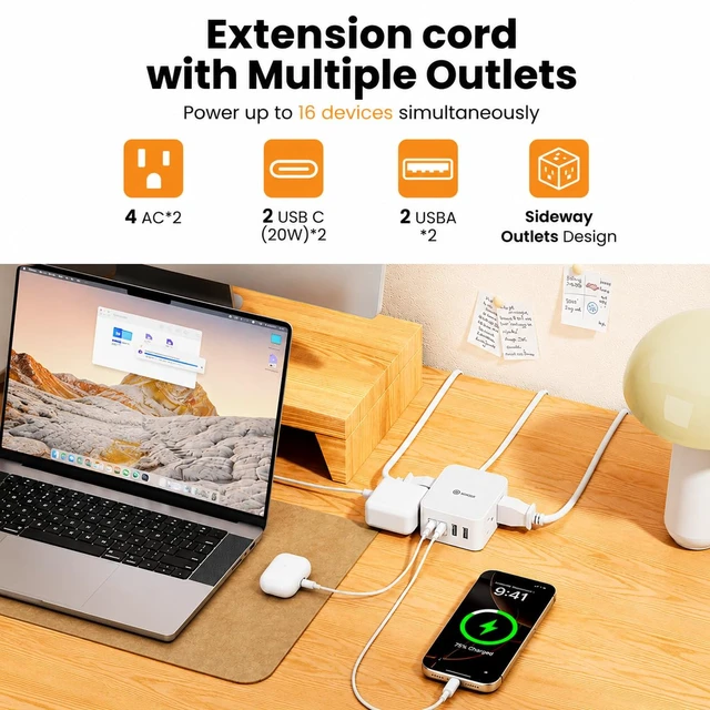 Alt view image 6 of 7 - 12FT Split Flat Extension Cord USB C 20W,Flat Plug Extension Cord&Wall Tape | 16in1 for Behind Bed Sofa Dorm Office,4AC Side Outlet 4USB,6FT Per Side Indoor Extension Cord Multiple Outlet