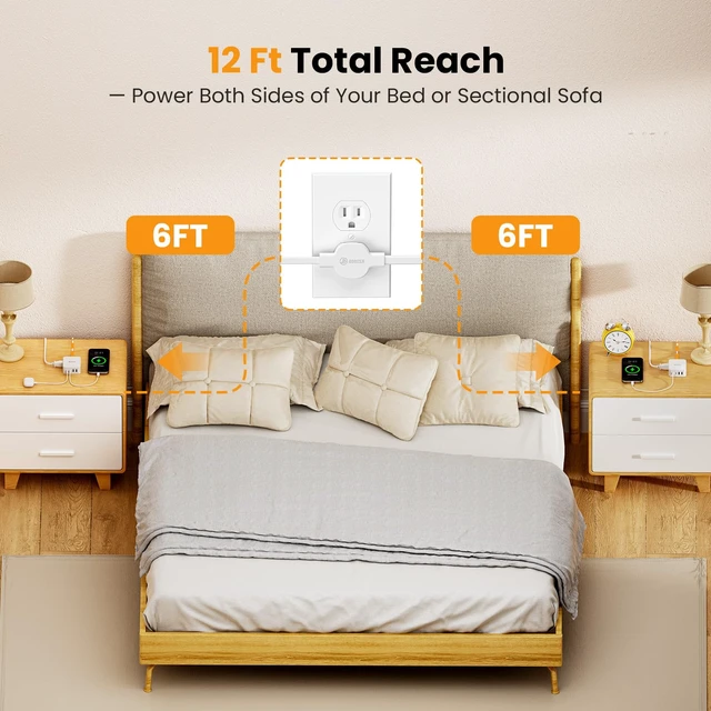 Alt view image 7 of 7 - 12FT Split Flat Extension Cord USB C 20W,Flat Plug Extension Cord&Wall Tape | 16in1 for Behind Bed Sofa Dorm Office,4AC Side Outlet 4USB,6FT Per Side Indoor Extension Cord Multiple Outlet