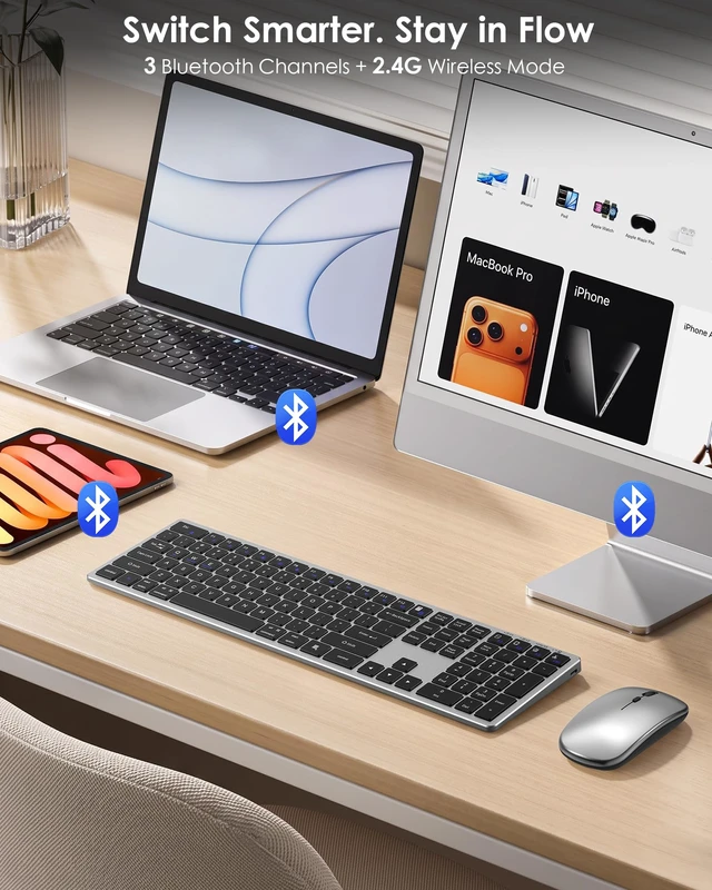 Alt view image 3 of 7 - Wireless Bluetooth Keyboard and Mouse Combo, Rechargeable Tri-Mode Keyboard and Mouse Set with 2.4G USB Receiver, Full Size Quiet Keyboard for Mac, Windows PC, Laptop, Office